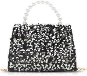 Evening Bag for Women, Sequin Pearl Handles Clutch Purses, Crossbody Bag for Wedding, Prom, Parties, Travel(Silver)