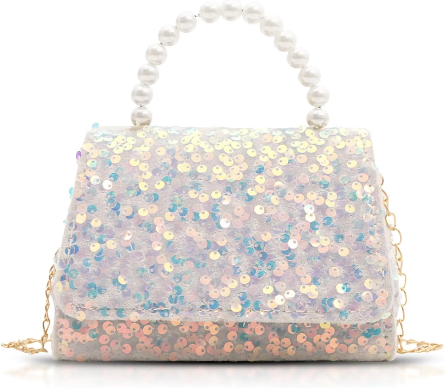 Evening Bag for Women, Sequin Pearl Handles Clutch Purses, Crossbody Bag for Wedding, Prom, Parties, Travel(White)