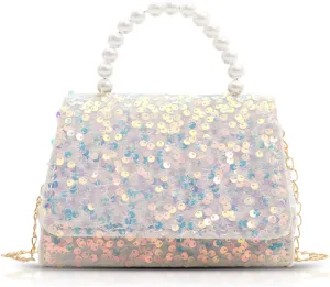 Evening Bag for Women, Sequin Pearl Handles Clutch Purses, Crossbody Bag for Wedding, Prom, Parties, Travel(White)