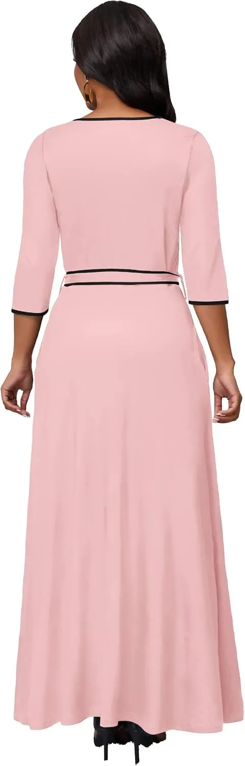 FANDEE Maxi Dress for Women 3/4 Sleeve Casual Maxi Dresses V Neck Wrap Semi-Formal Church Dress with Pocket&Belt