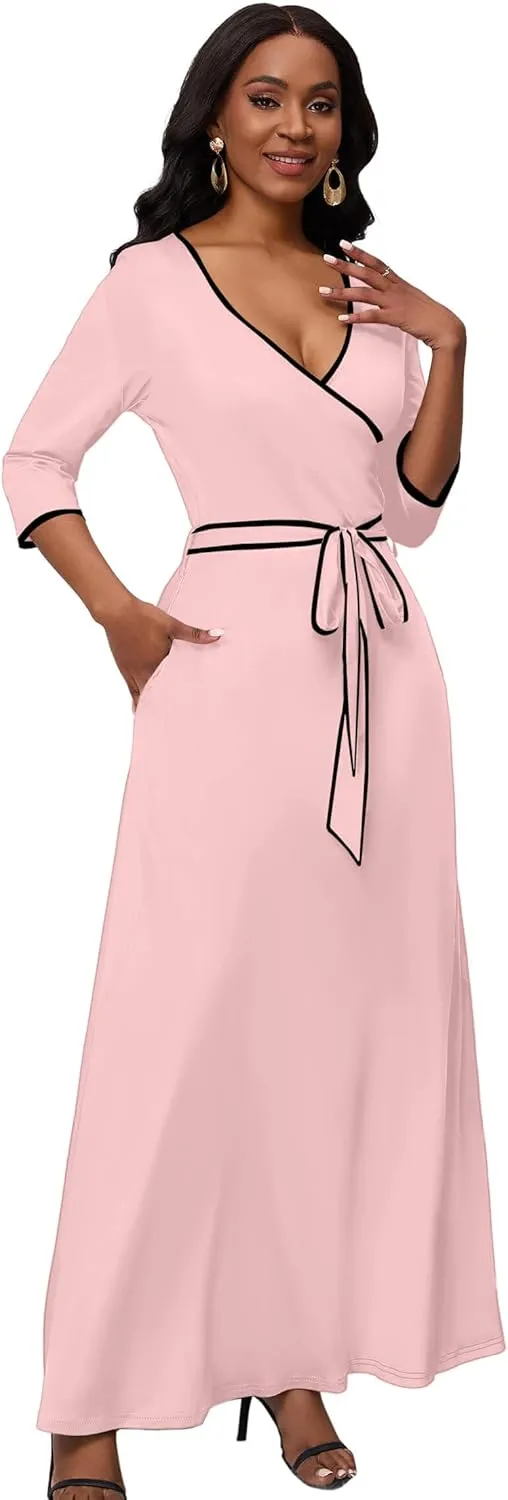 FANDEE Maxi Dress for Women 3/4 Sleeve Casual Maxi Dresses V Neck Wrap Semi-Formal Church Dress with Pocket&Belt