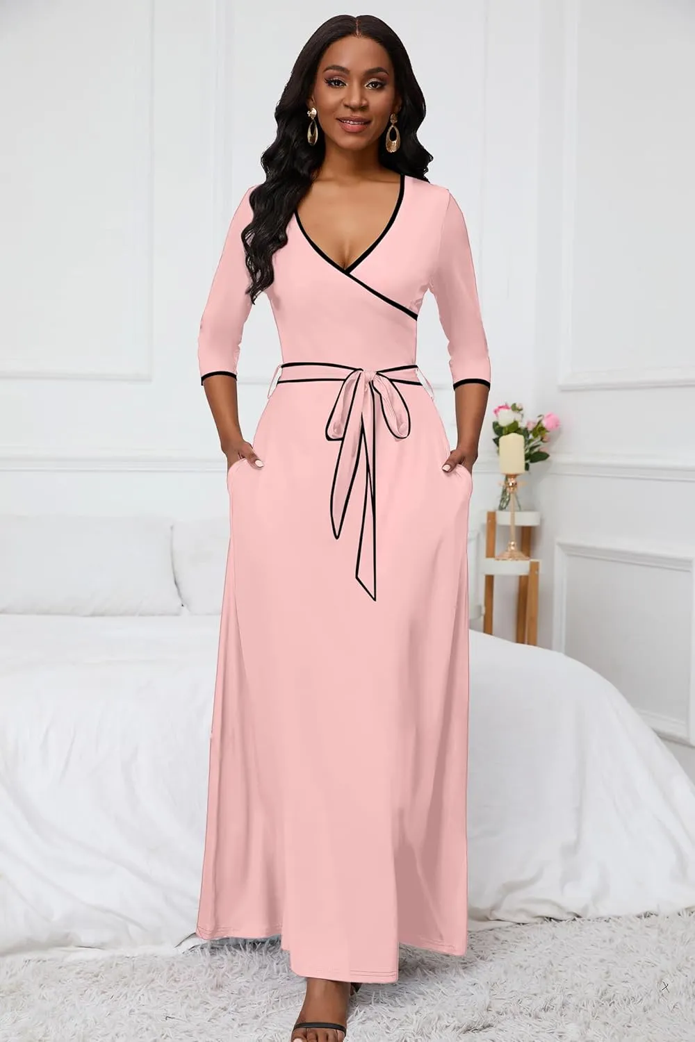 FANDEE Maxi Dress for Women 3/4 Sleeve Casual Maxi Dresses V Neck Wrap Semi-Formal Church Dress with Pocket&Belt