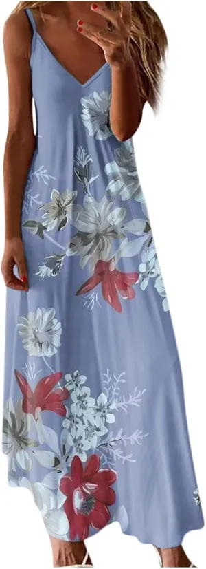 Flash Deals Women's Summer Spaghetti Strap Elegant Long Dresses Plus Size Vacation Flowy Beach Dress Loose Floor Length Dress Boho Dress Blue 2X