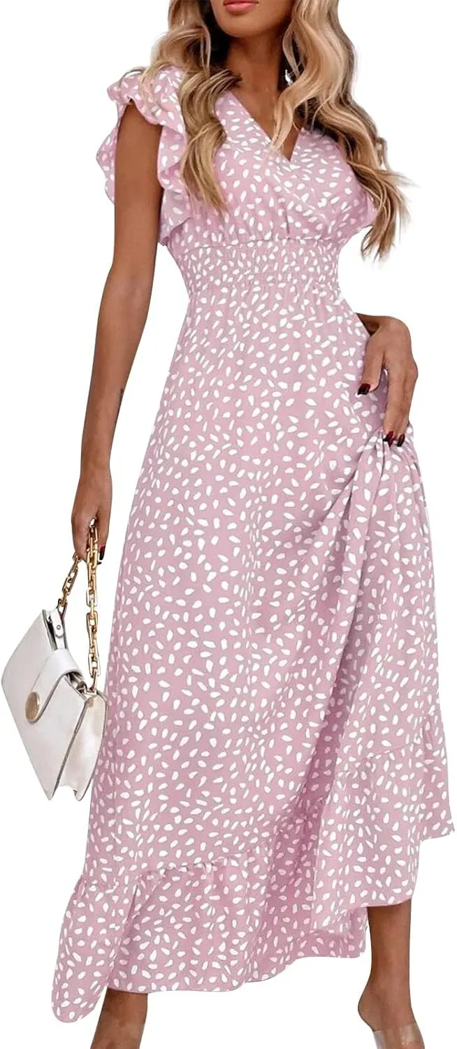 Floral Dress for Women Summer V Neck Ruffle Cap Sleeve Long Dresses Flowy Boho Casual Beach Vacation Dress