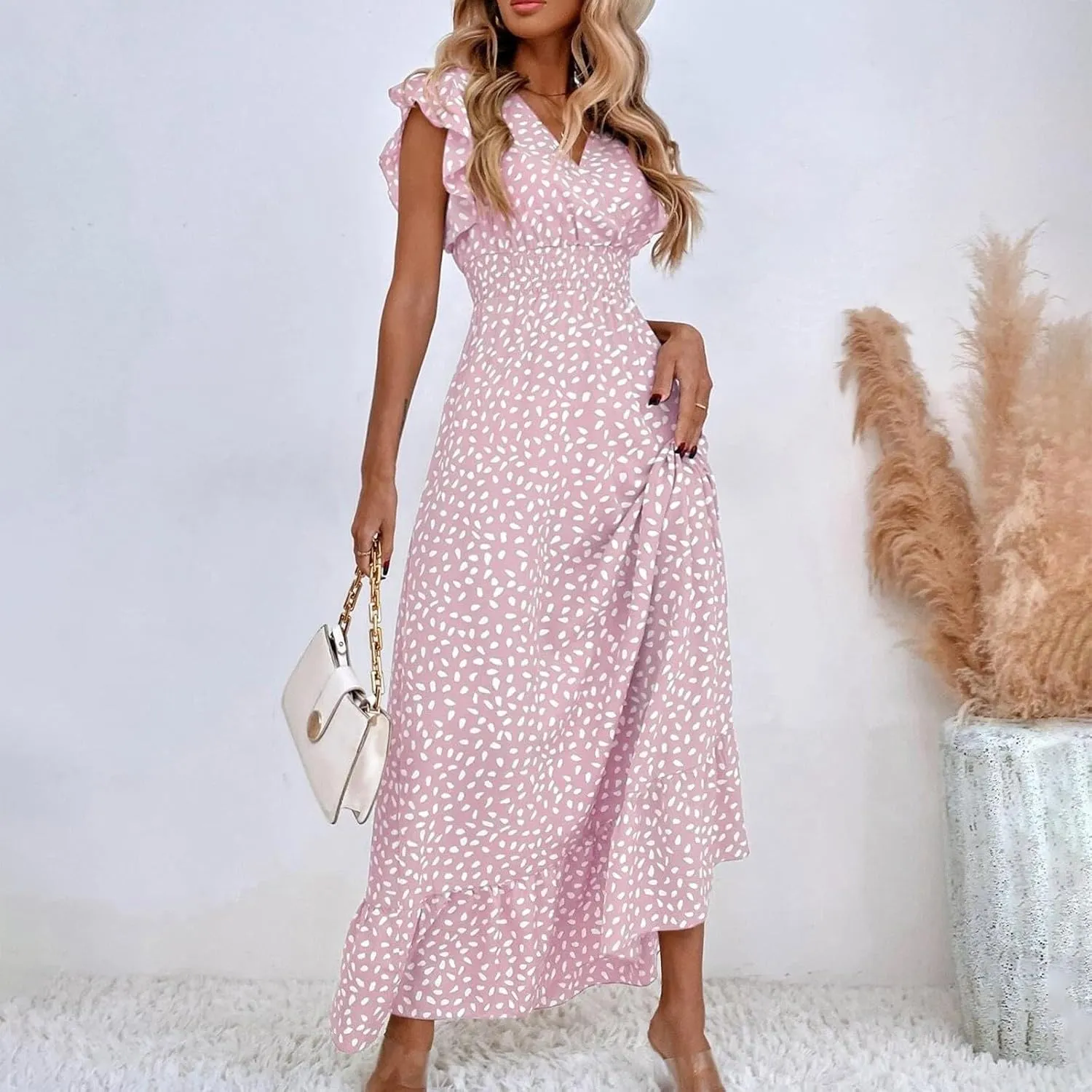 Floral Dress for Women Summer V Neck Ruffle Cap Sleeve Long Dresses Flowy Boho Casual Beach Vacation Dress
