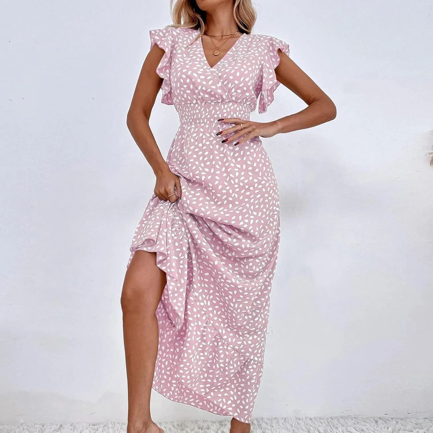 Floral Dress for Women Summer V Neck Ruffle Cap Sleeve Long Dresses Flowy Boho Casual Beach Vacation Dress