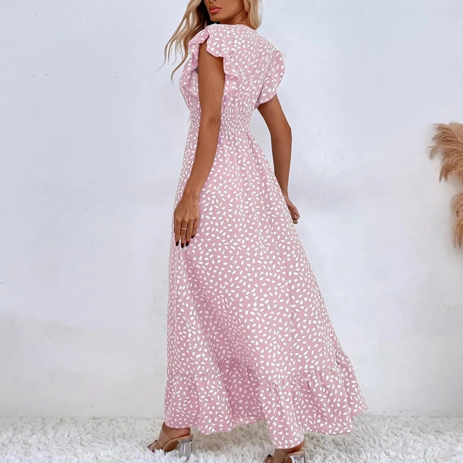 Floral Dress for Women Summer V Neck Ruffle Cap Sleeve Long Dresses Flowy Boho Casual Beach Vacation Dress