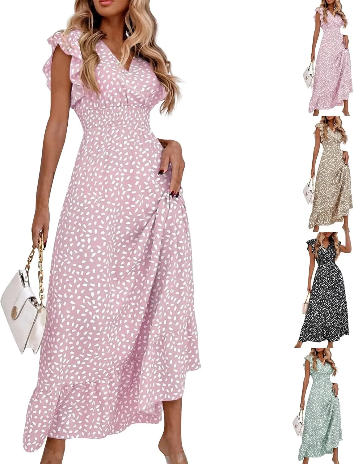 Floral Dress for Women Summer V Neck Ruffle Cap Sleeve Long Dresses Flowy Boho Casual Beach Vacation Dress