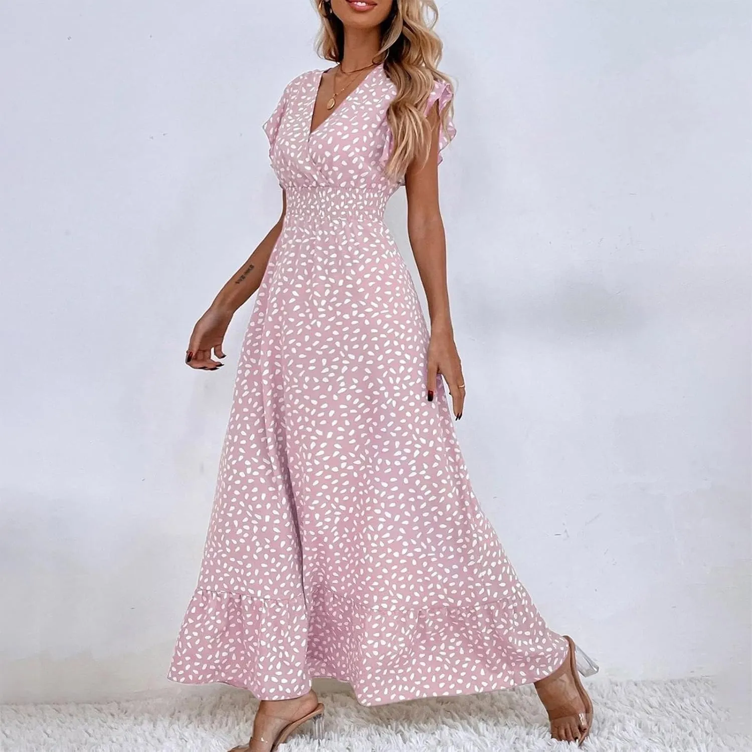 Floral Dress for Women Summer V Neck Ruffle Cap Sleeve Long Dresses Flowy Boho Casual Beach Vacation Dress