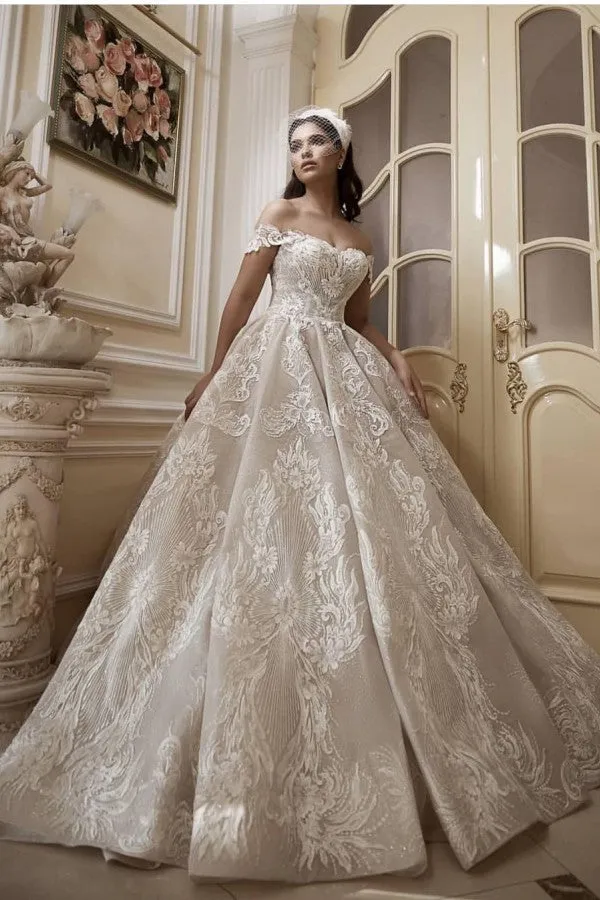 Glamorous Off-Shoulder Tulle Lace Wdding Dress Online