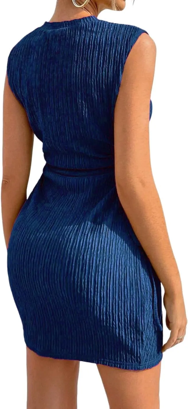 GORGLITTER Women's Cut Out Mini Dress Drawstring Ruched Sleeveless Textured Tank Dresses