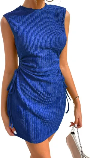 GORGLITTER Women's Cut Out Mini Dress Drawstring Ruched Sleeveless Textured Tank Dresses