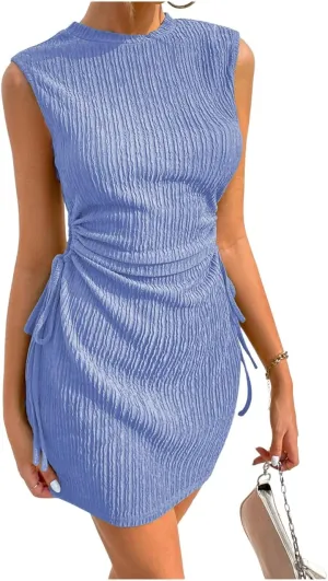 GORGLITTER Women's Cut Out Mini Dress Drawstring Ruched Sleeveless Textured Tank Dresses