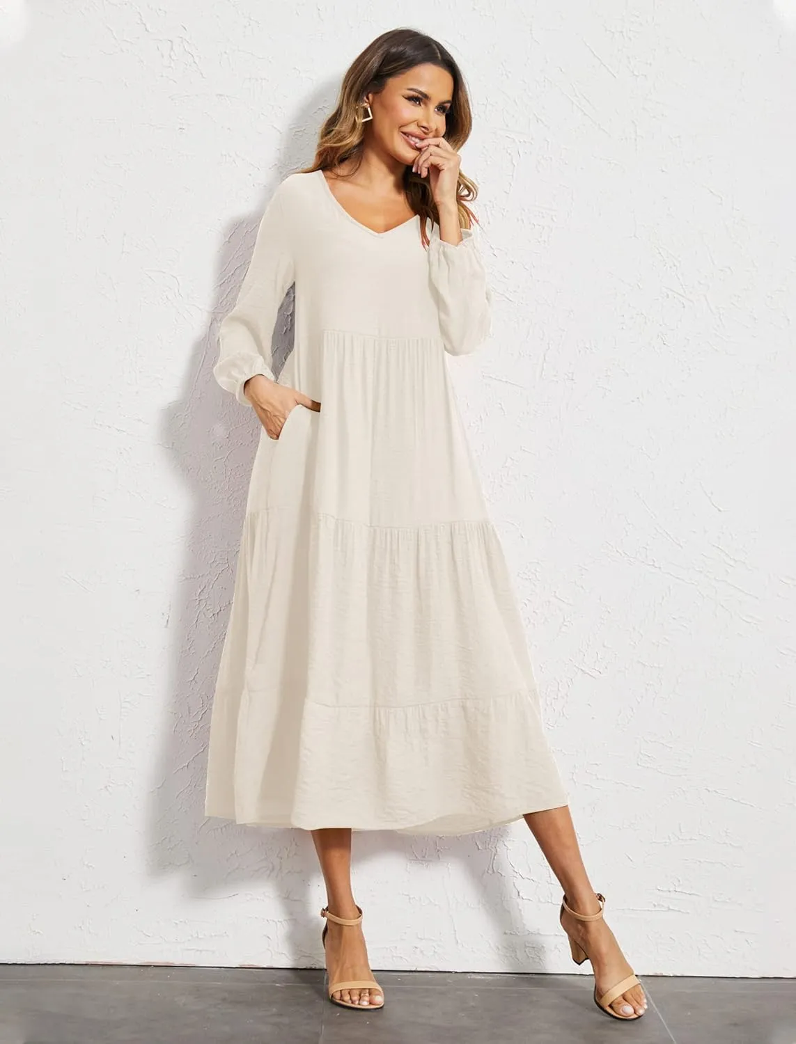 Halife Women's Summer Casual Maxi Dresses Flowy Ruffle Boho Long Dresses with Pockets