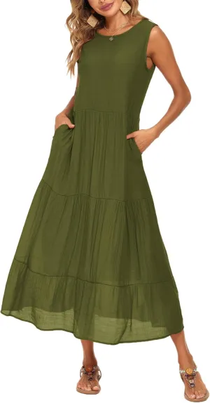Halife Women's Summer Casual Maxi Dresses Flowy Ruffle Boho Long Dresses with Pockets