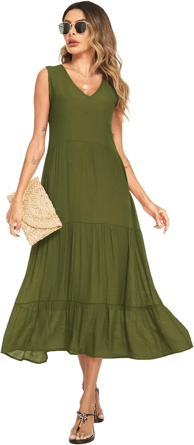 Halife Women's Summer Casual Maxi Dresses Flowy Ruffle Boho Long Dresses with Pockets