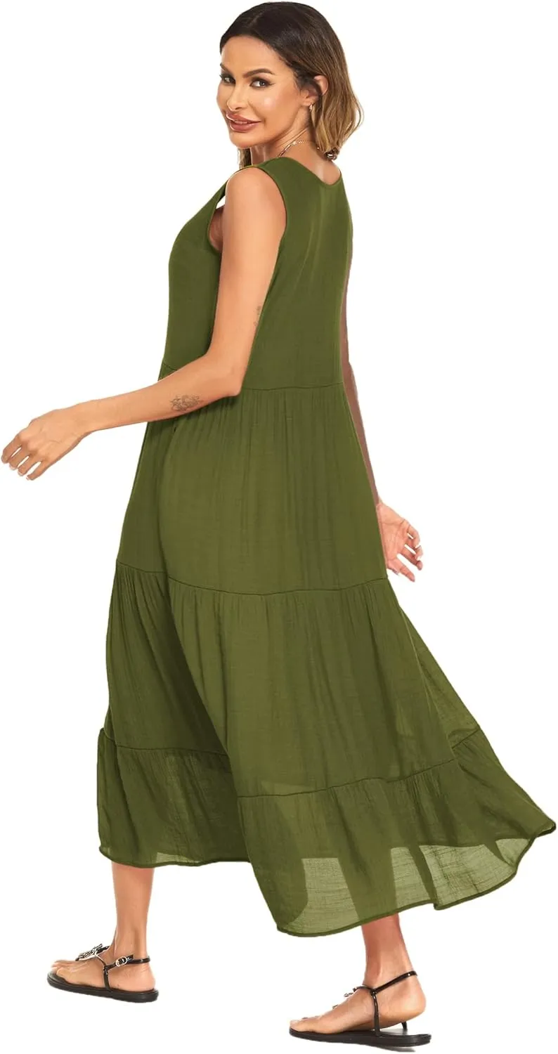 Halife Women's Summer Casual Maxi Dresses Flowy Ruffle Boho Long Dresses with Pockets