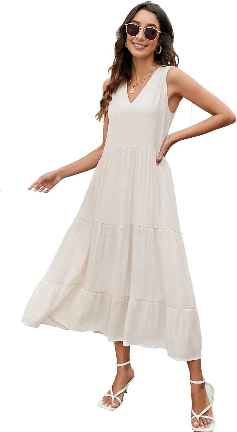 Halife Women's Summer Casual Maxi Dresses Flowy Ruffle Boho Long Dresses with Pockets