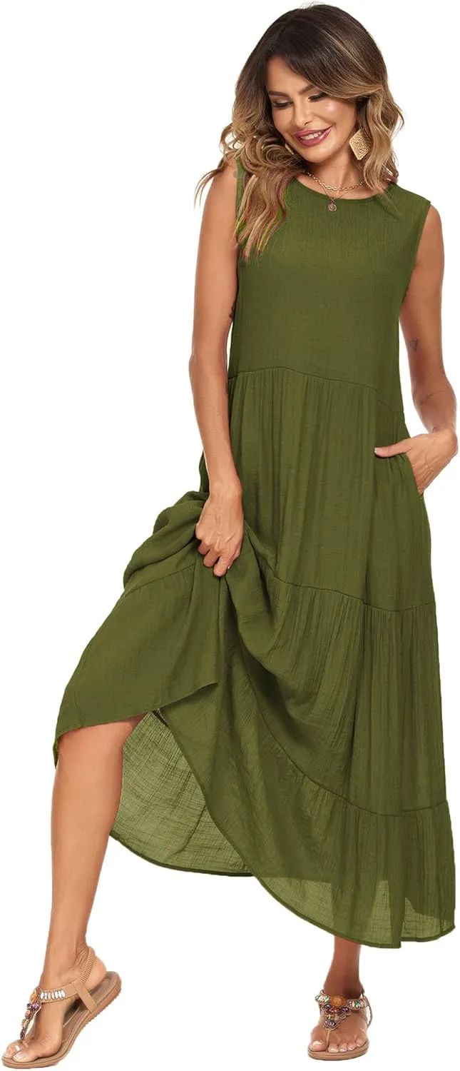 Halife Women's Summer Casual Maxi Dresses Flowy Ruffle Boho Long Dresses with Pockets