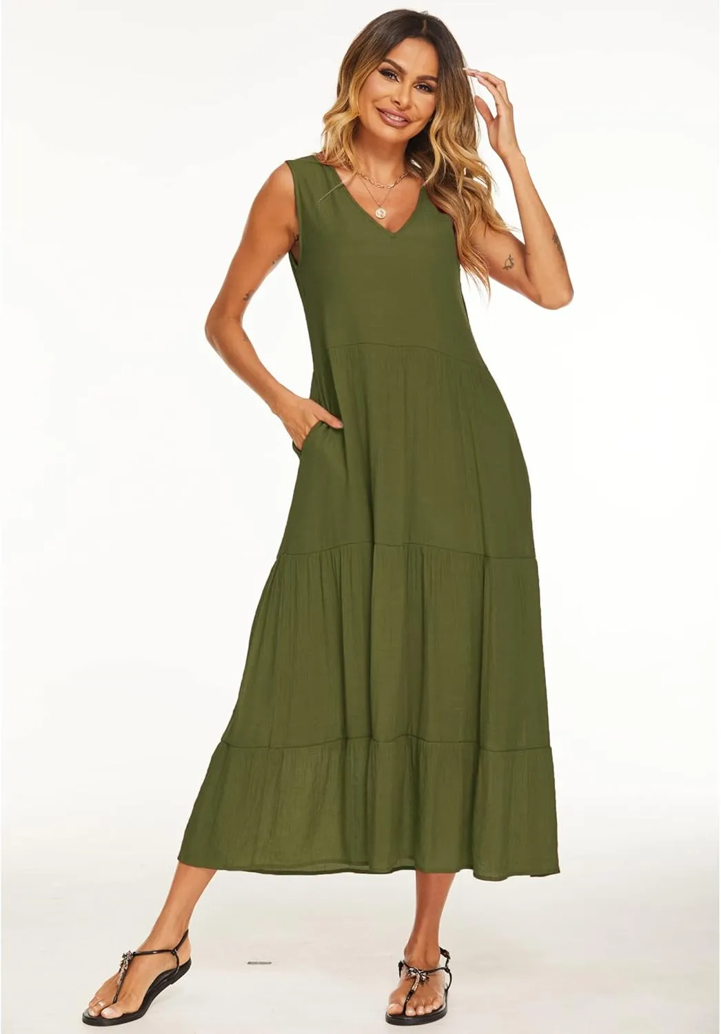 Halife Women's Summer Casual Maxi Dresses Flowy Ruffle Boho Long Dresses with Pockets