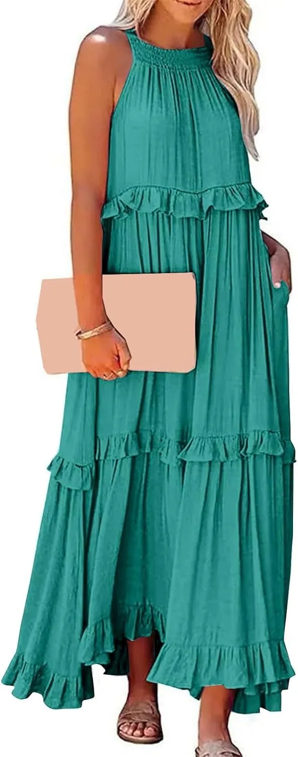 Halter Sundresses for Women Tie Back Loose Fit Ruffle Tiered Maxi Dress Flowy Summer Beach Swing Long Sundress