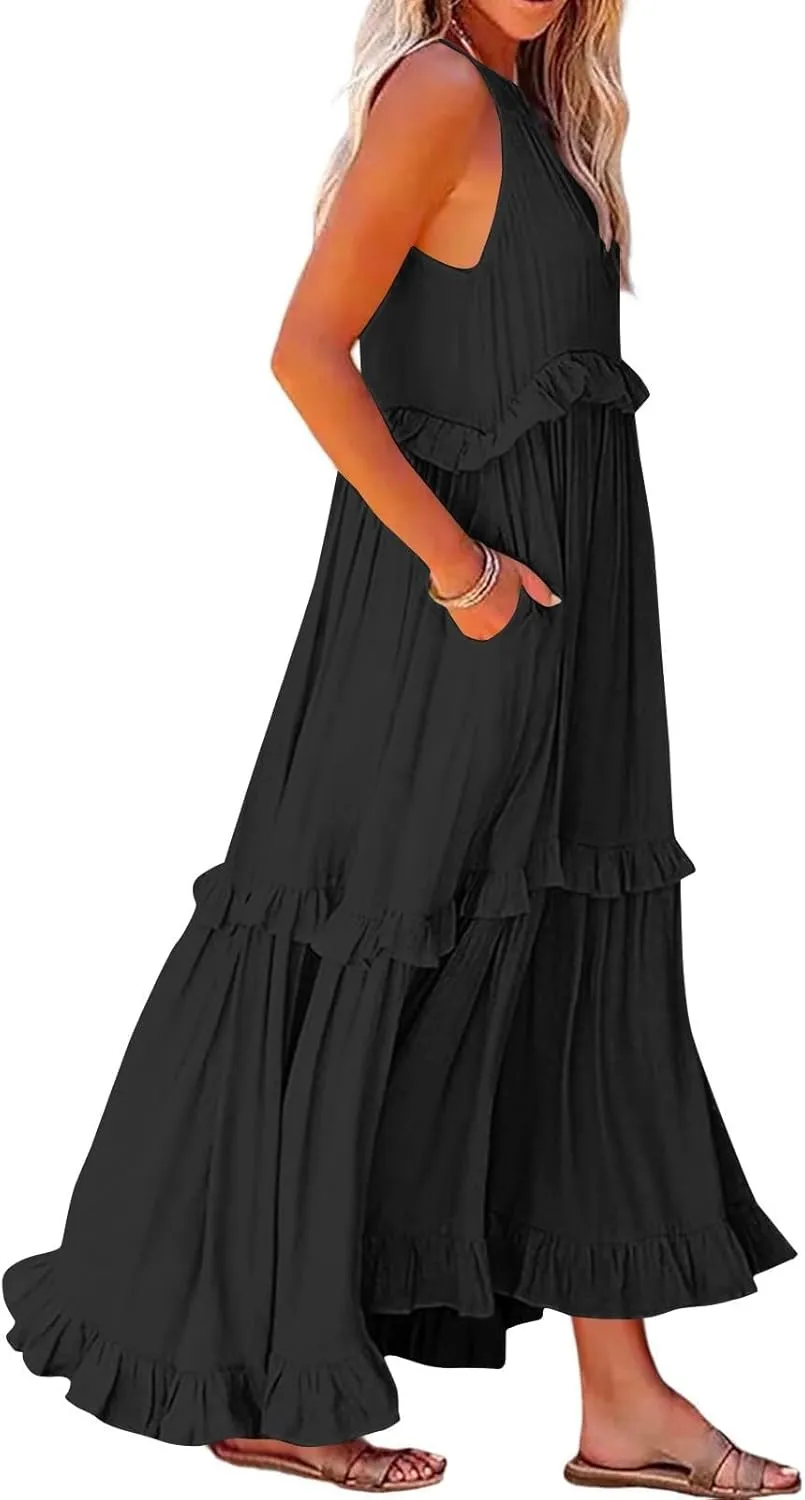 Halter Sundresses for Women Tie Back Loose Fit Ruffle Tiered Maxi Dress Flowy Summer Beach Swing Long Sundress