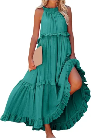 Halter Sundresses for Women Tie Back Loose Fit Ruffle Tiered Maxi Dress Flowy Summer Beach Swing Long Sundress
