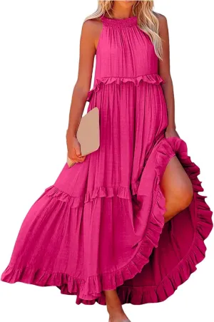 Halter Sundresses for Women Tie Back Loose Fit Ruffle Tiered Maxi Dress Flowy Summer Beach Swing Long Sundress