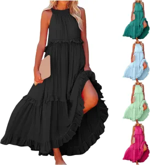 Halter Sundresses for Women Tie Back Loose Fit Ruffle Tiered Maxi Dress Flowy Summer Beach Swing Long Sundress