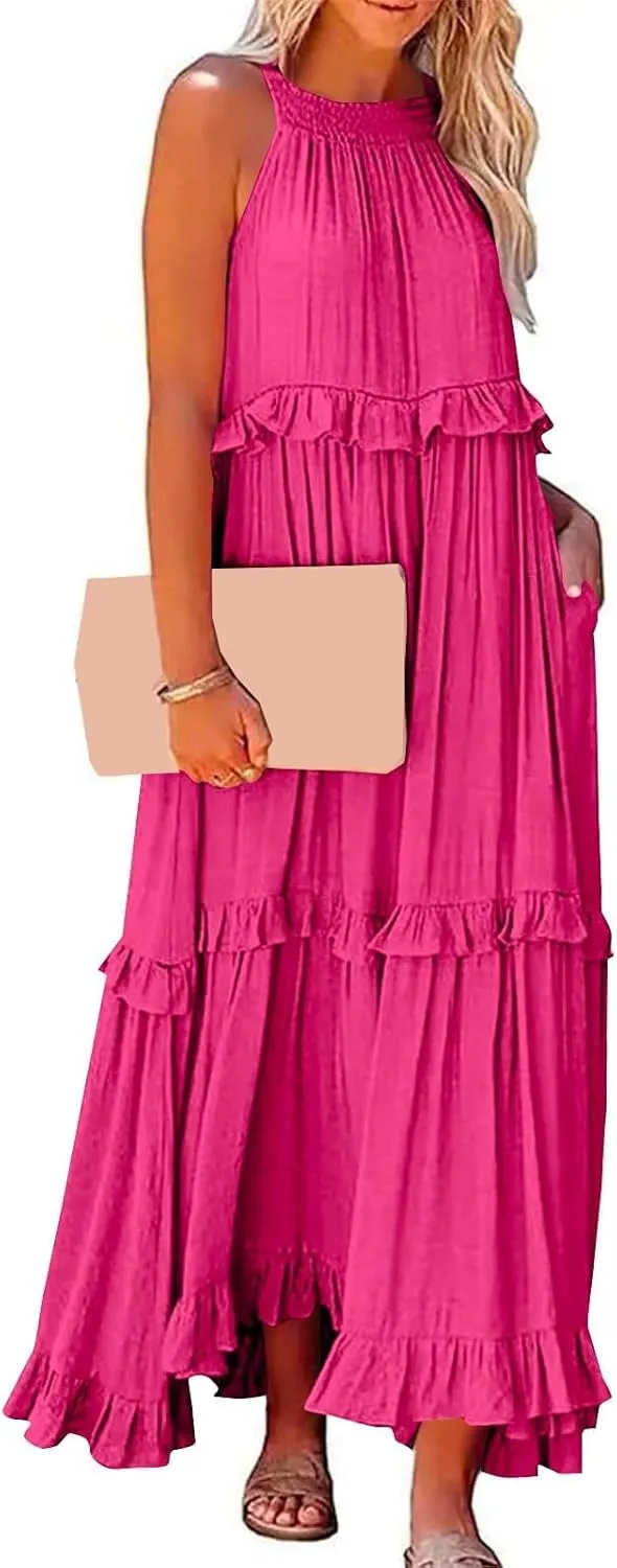Halter Sundresses for Women Tie Back Loose Fit Ruffle Tiered Maxi Dress Flowy Summer Beach Swing Long Sundress
