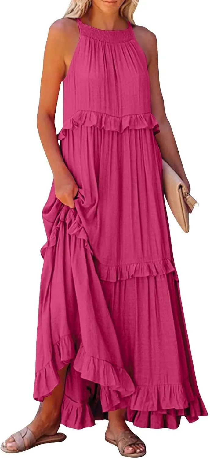 Halter Sundresses for Women Tie Back Loose Fit Ruffle Tiered Maxi Dress Flowy Summer Beach Swing Long Sundress