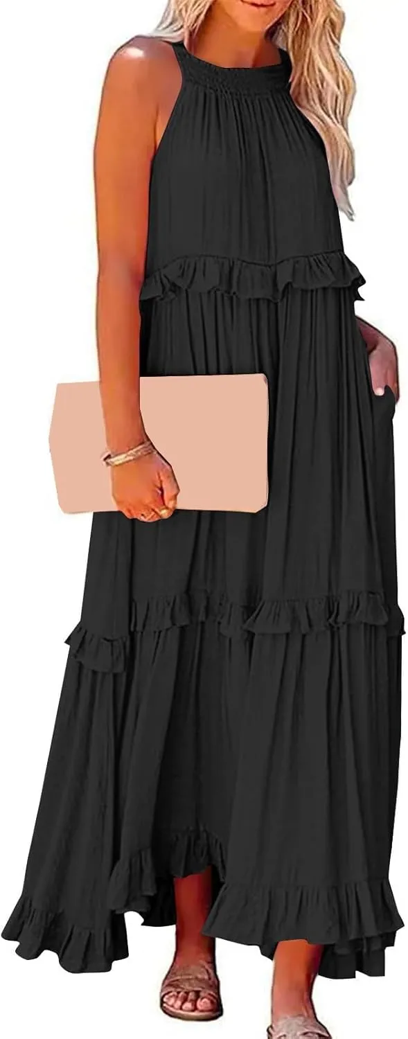 Halter Sundresses for Women Tie Back Loose Fit Ruffle Tiered Maxi Dress Flowy Summer Beach Swing Long Sundress