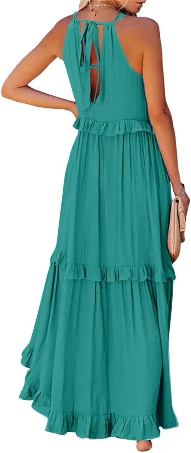 Halter Sundresses for Women Tie Back Loose Fit Ruffle Tiered Maxi Dress Flowy Summer Beach Swing Long Sundress
