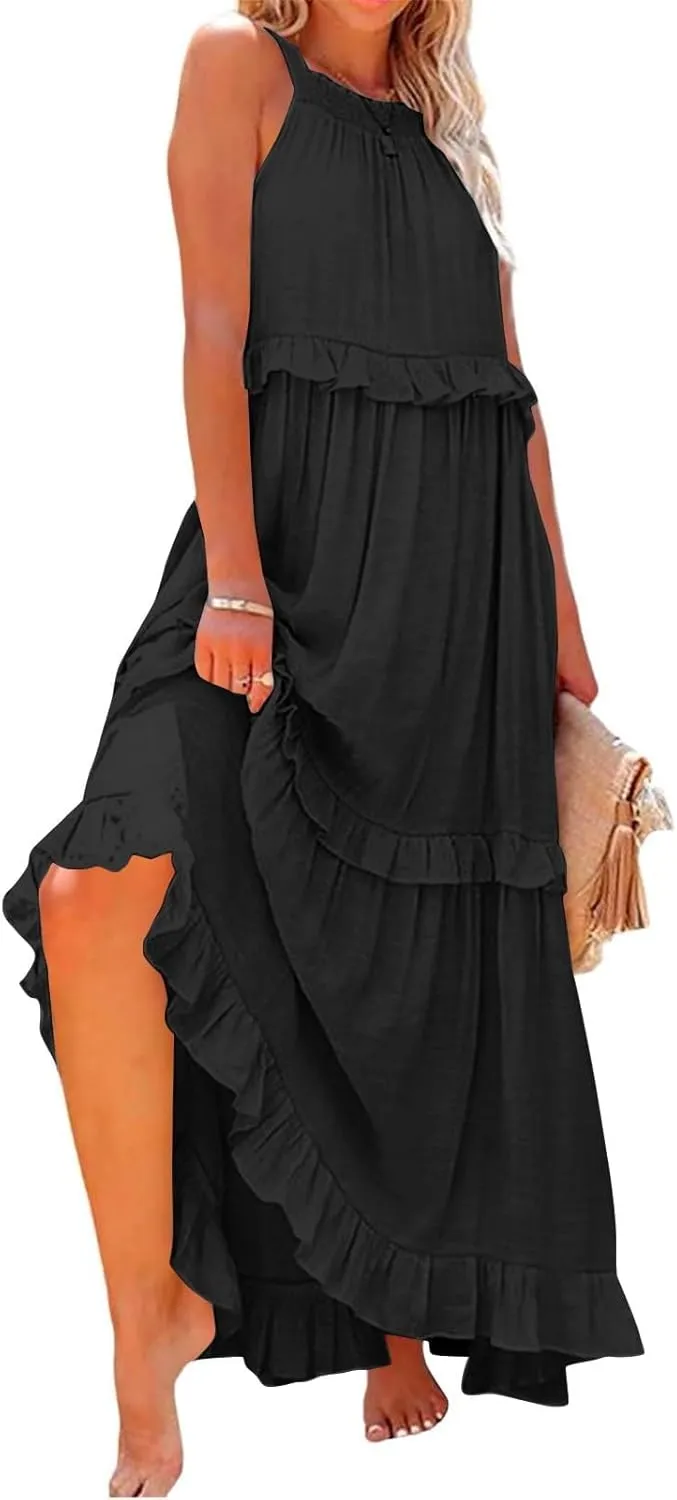 Halter Sundresses for Women Tie Back Loose Fit Ruffle Tiered Maxi Dress Flowy Summer Beach Swing Long Sundress