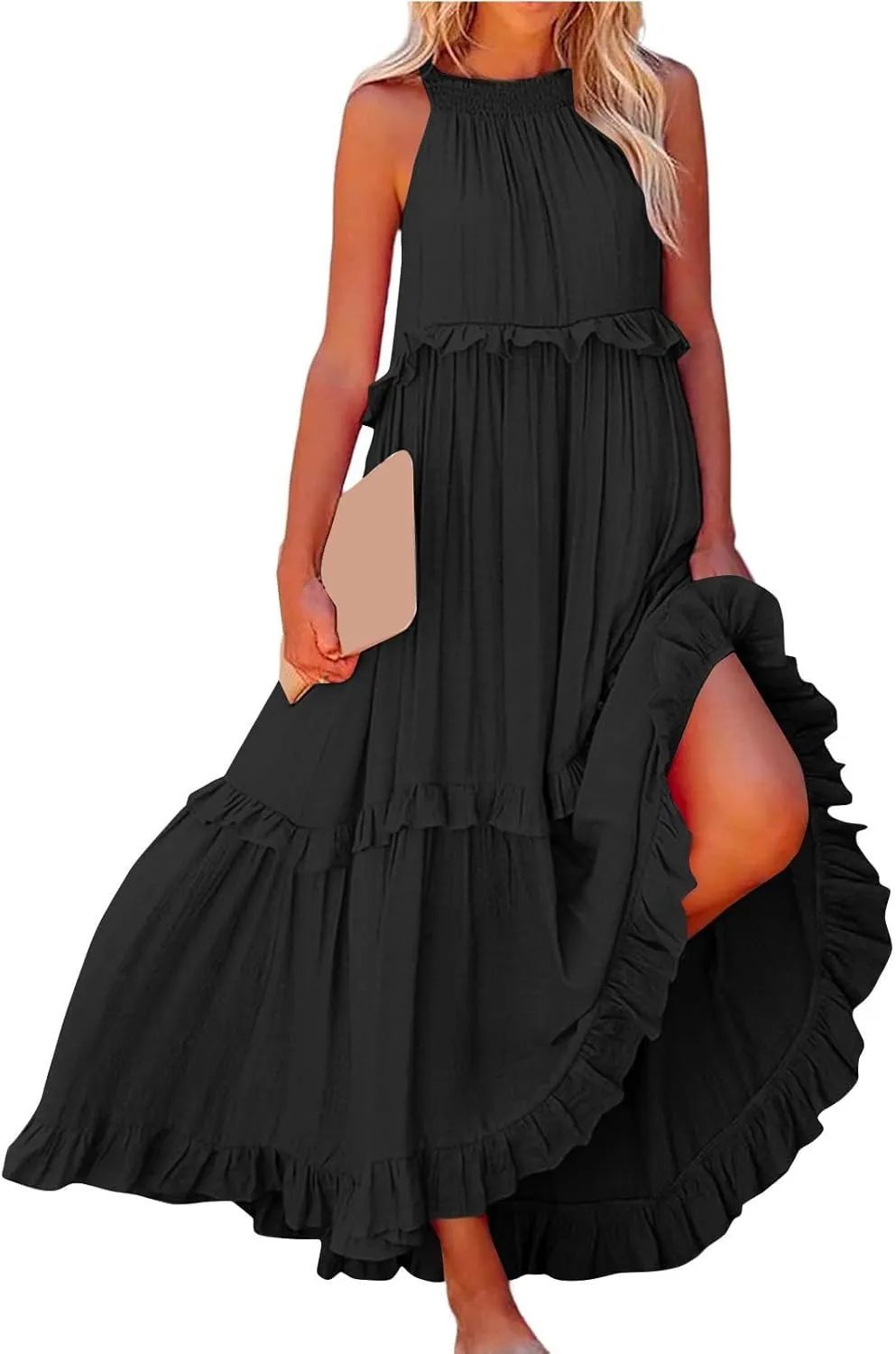 Halter Sundresses for Women Tie Back Loose Fit Ruffle Tiered Maxi Dress Flowy Summer Beach Swing Long Sundress