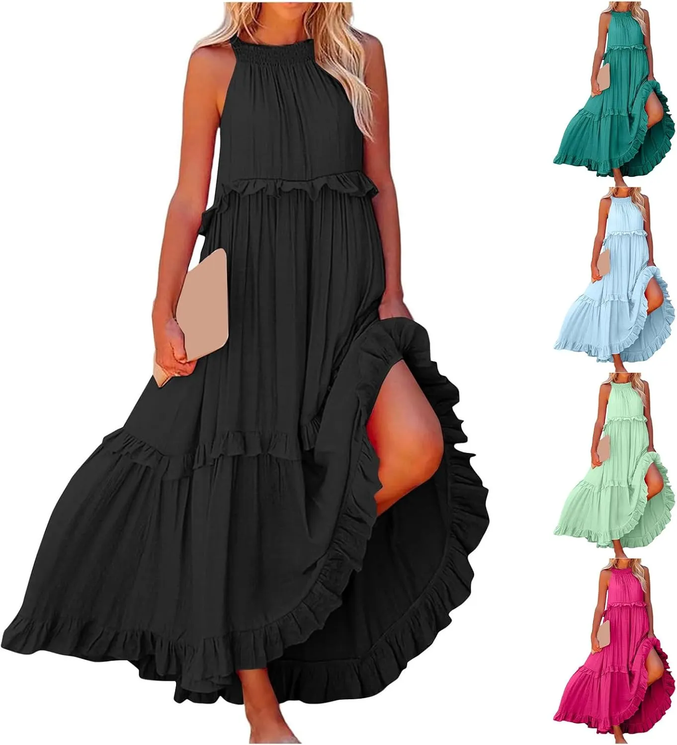 Halter Sundresses for Women Tie Back Loose Fit Ruffle Tiered Maxi Dress Flowy Summer Beach Swing Long Sundress