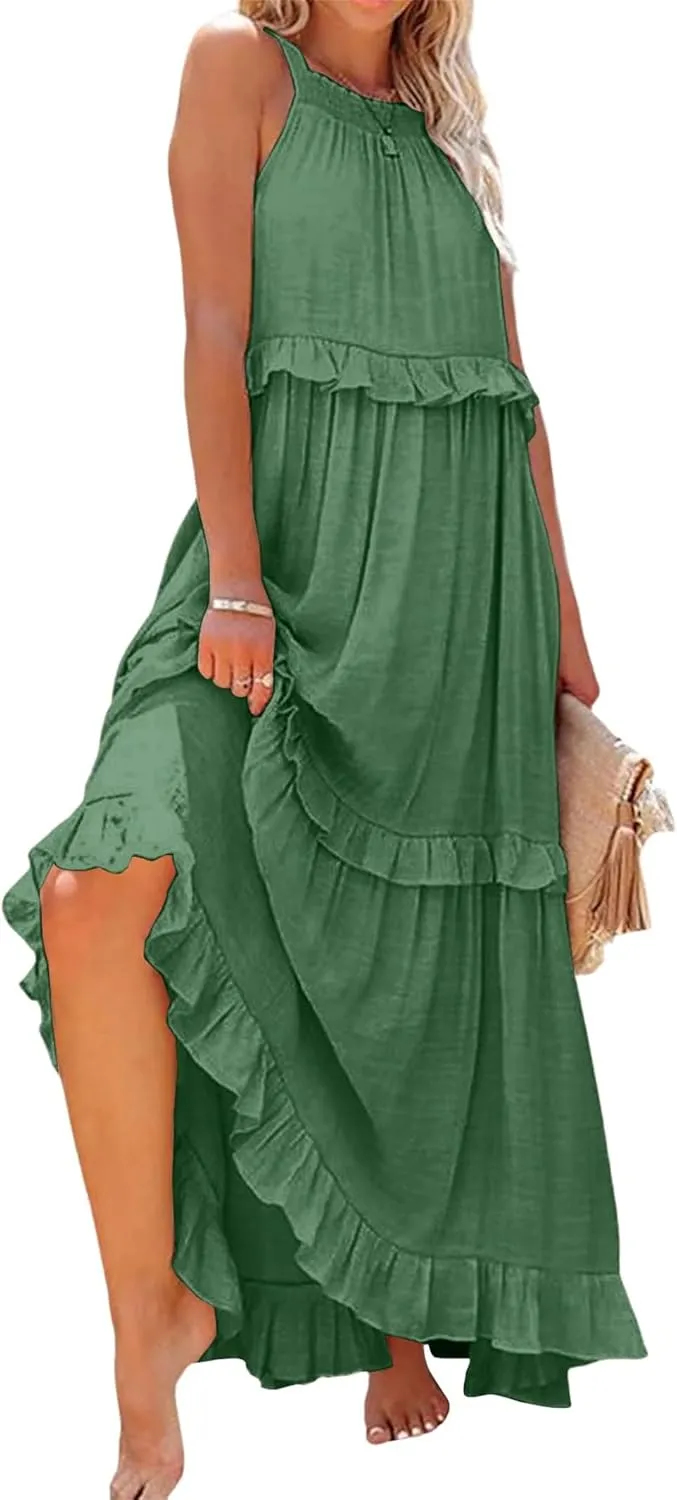 Halter Sundresses for Women Tie Back Loose Fit Ruffle Tiered Maxi Dress Flowy Summer Beach Swing Long Sundress