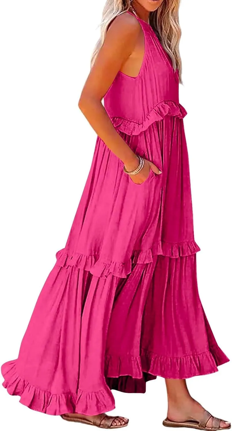 Halter Sundresses for Women Tie Back Loose Fit Ruffle Tiered Maxi Dress Flowy Summer Beach Swing Long Sundress
