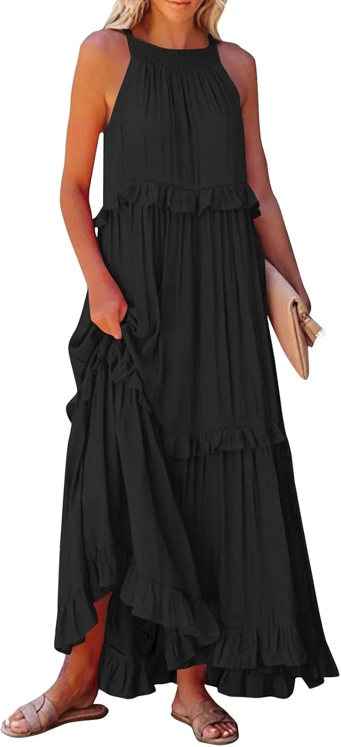 Halter Sundresses for Women Tie Back Loose Fit Ruffle Tiered Maxi Dress Flowy Summer Beach Swing Long Sundress
