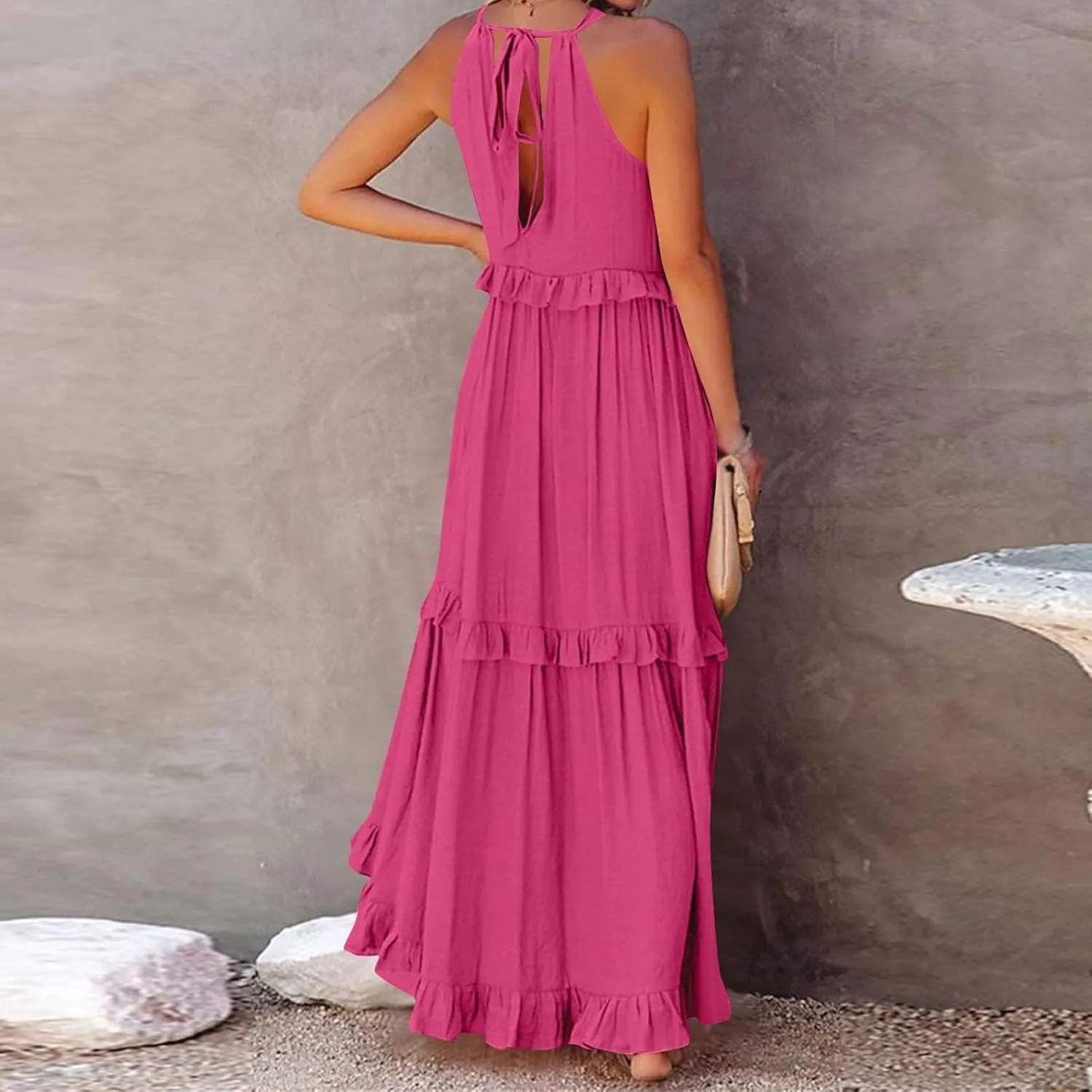 Halter Sundresses for Women Tie Back Loose Fit Ruffle Tiered Maxi Dress Flowy Summer Beach Swing Long Sundress