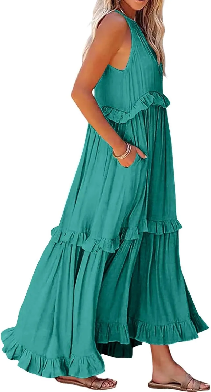 Halter Sundresses for Women Tie Back Loose Fit Ruffle Tiered Maxi Dress Flowy Summer Beach Swing Long Sundress