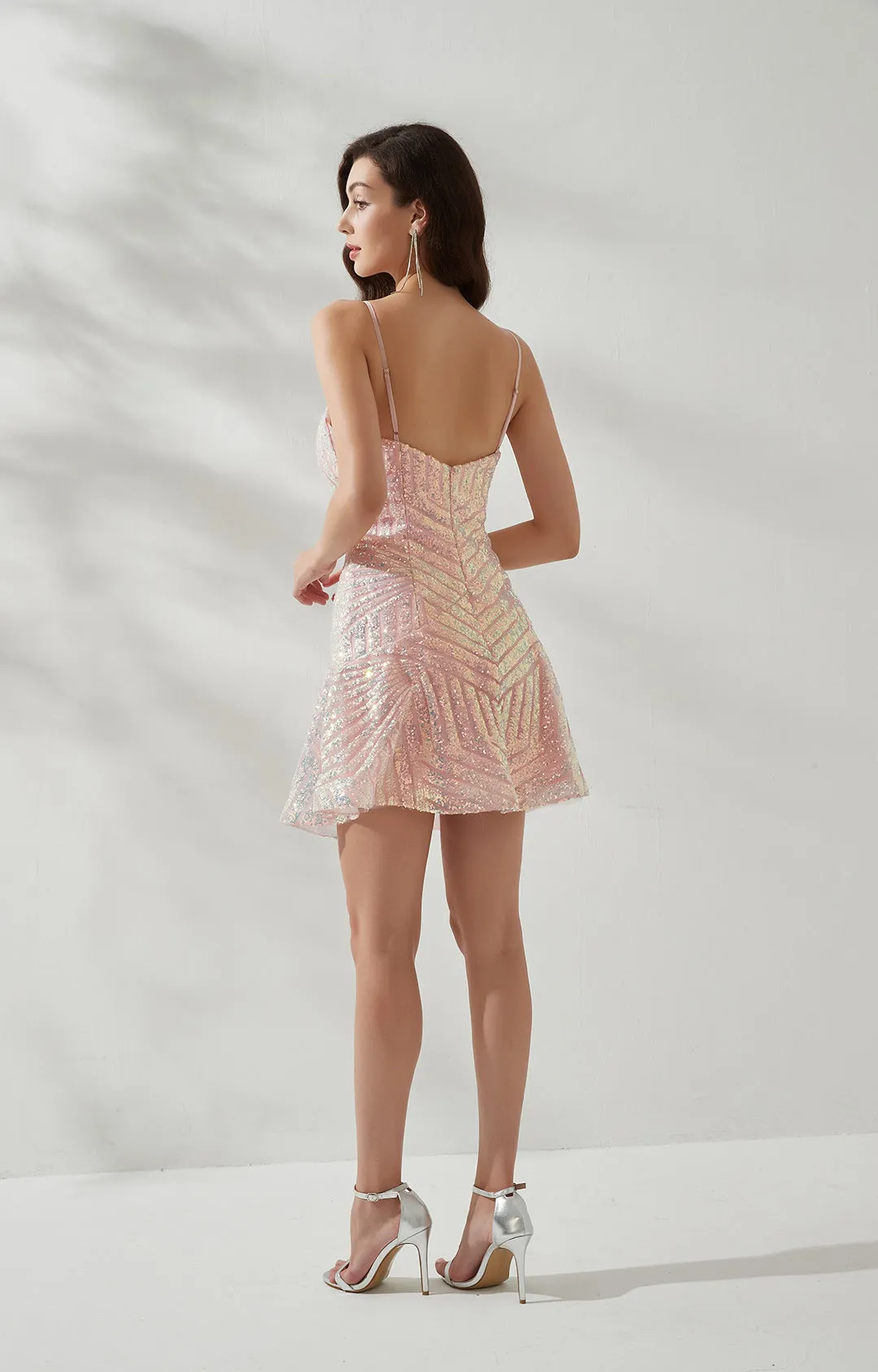 Heart Neck Sleeveless Symmetrical Illusion Stripe Sequin Party Mini Dresses