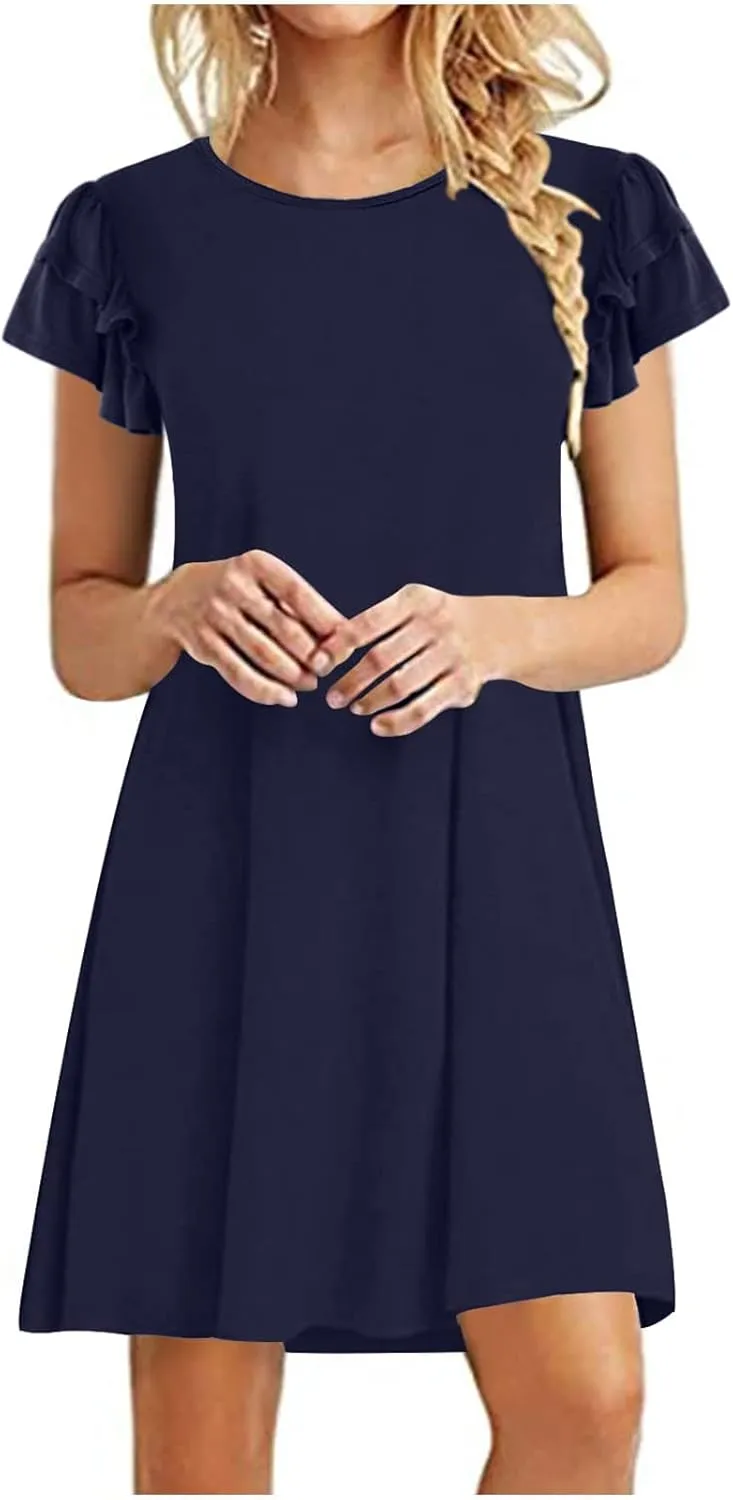 HGps8w Women 2025 Mini Dresses Summer Casual Ruffle Short Sleeve Cute Crew Neck Solid Color Flowy Dress with Pockets