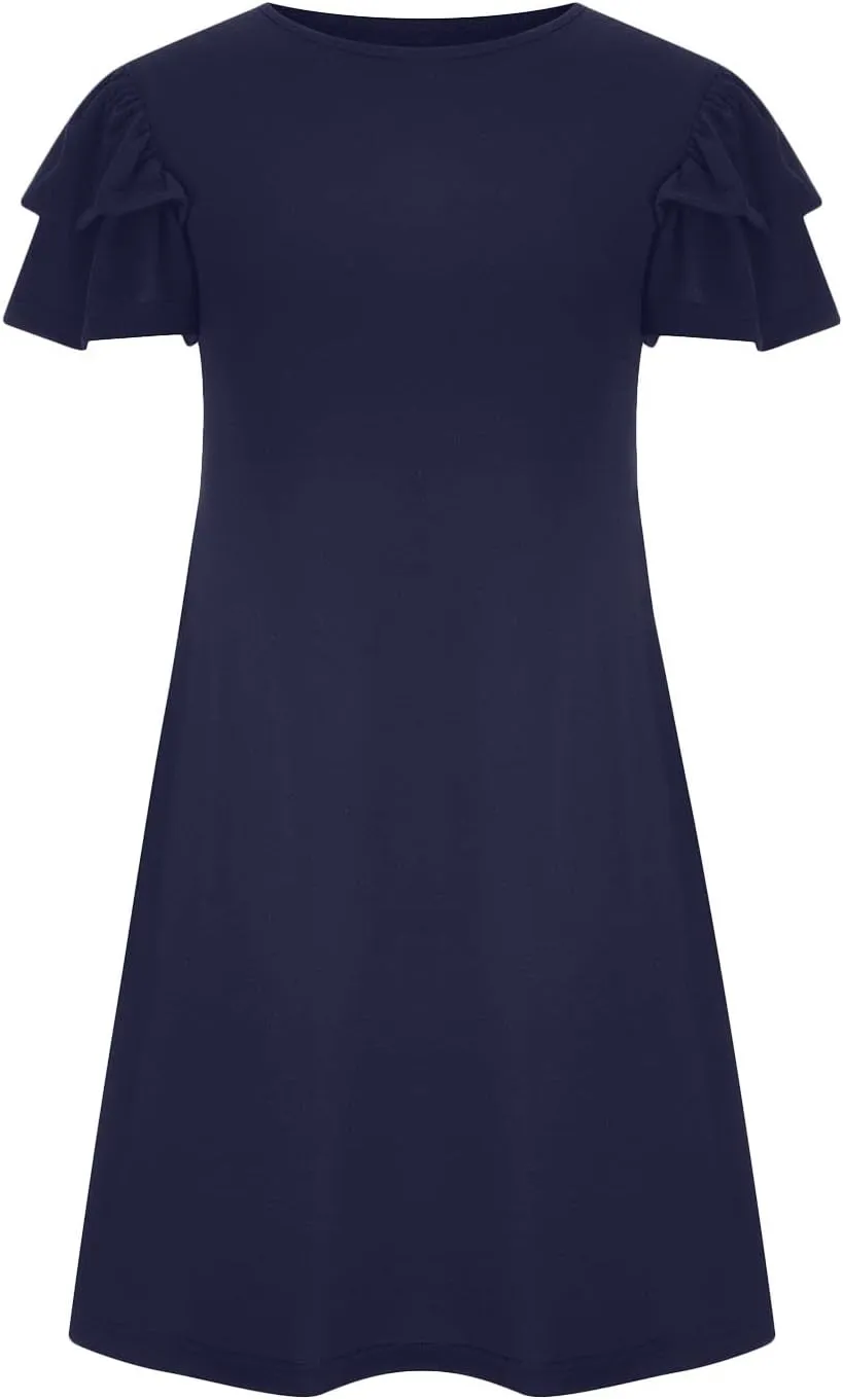 HGps8w Women 2025 Mini Dresses Summer Casual Ruffle Short Sleeve Cute Crew Neck Solid Color Flowy Dress with Pockets