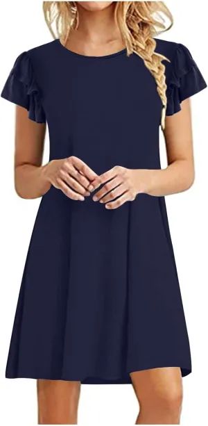 HGps8w Women 2025 Mini Dresses Summer Casual Ruffle Short Sleeve Cute Crew Neck Solid Color Flowy Dress with Pockets