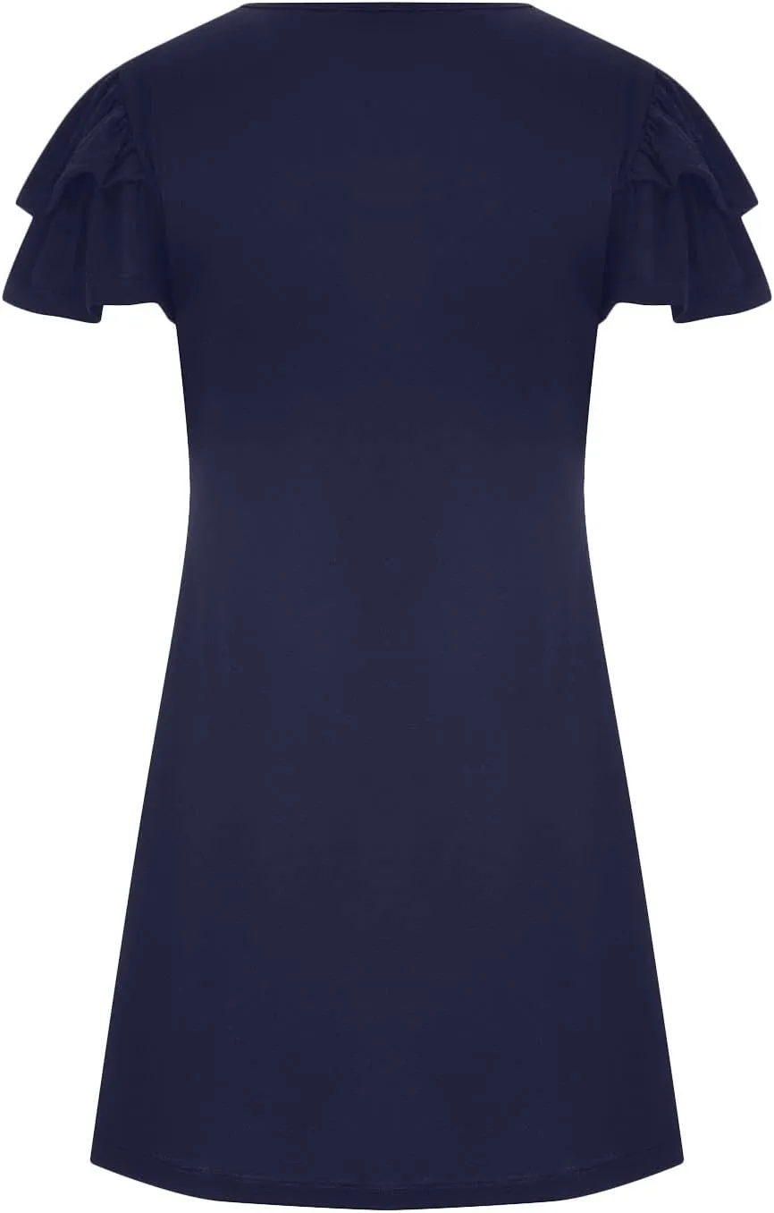 HGps8w Women 2025 Mini Dresses Summer Casual Ruffle Short Sleeve Cute Crew Neck Solid Color Flowy Dress with Pockets