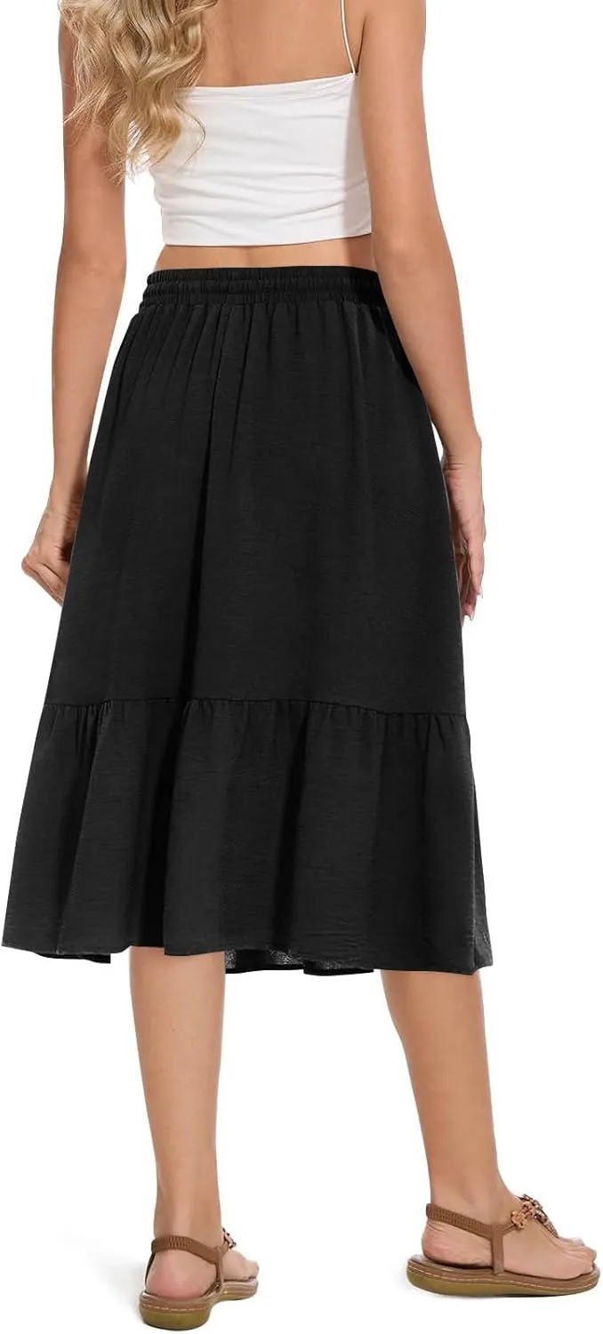HGps8w Women's 2025 Summer Linen Midi Skirt, Trendy Casual Drawstring A-Line Elastic Waist Beach Dress Skirts with Pockets