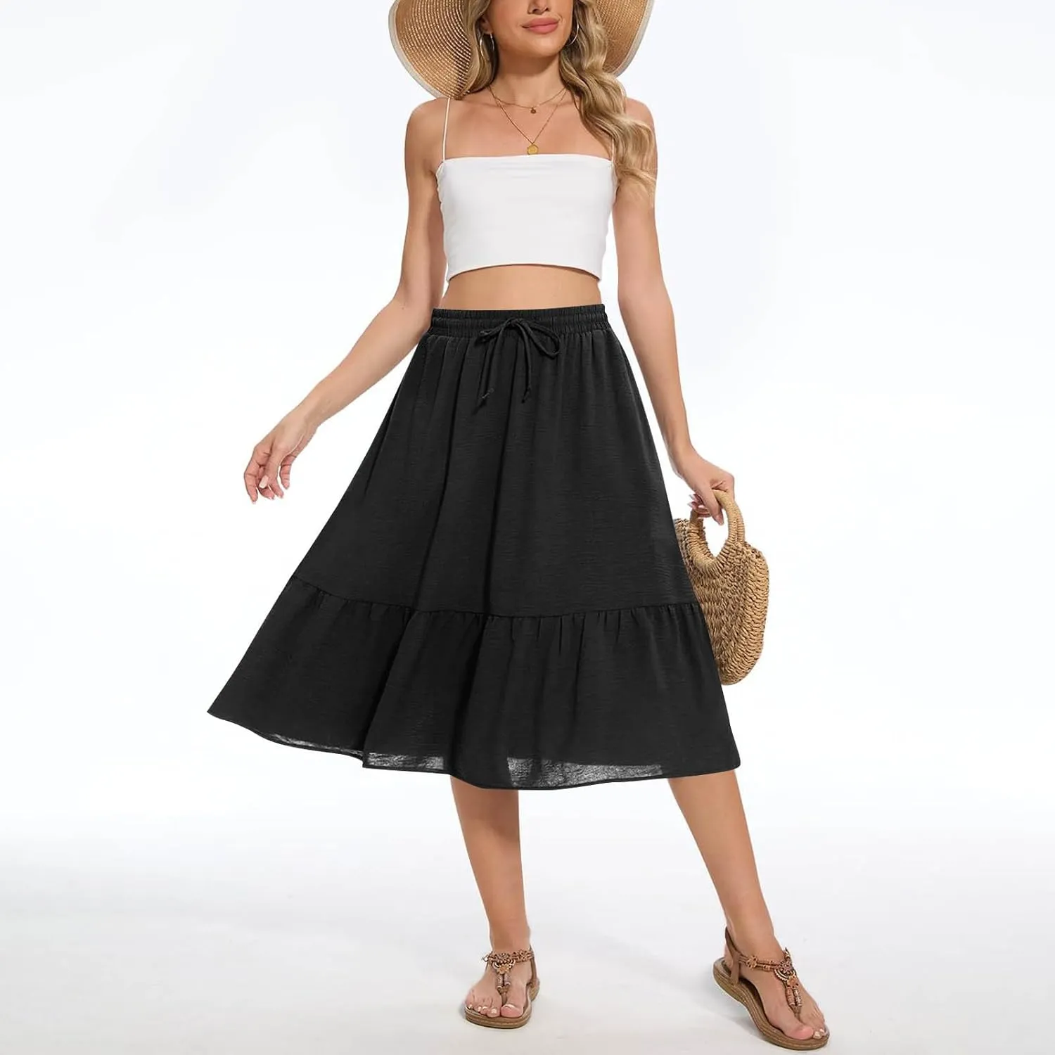 HGps8w Women's 2025 Summer Linen Midi Skirt, Trendy Casual Drawstring A-Line Elastic Waist Beach Dress Skirts with Pockets