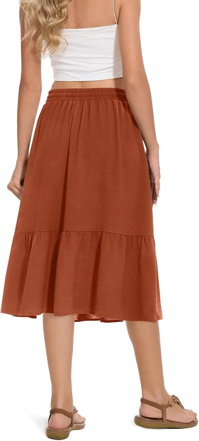 HGps8w Women's 2025 Summer Linen Midi Skirt, Trendy Casual Drawstring A-Line Elastic Waist Beach Dress Skirts with Pockets
