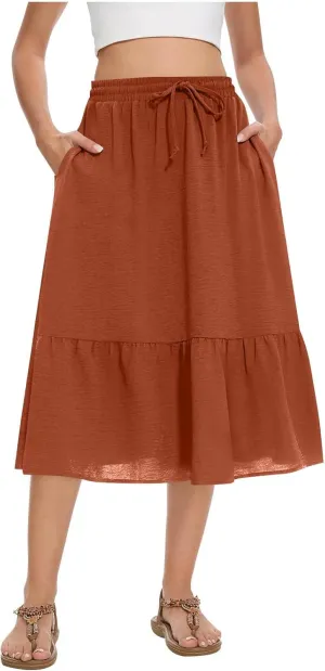 HGps8w Women's 2025 Summer Linen Midi Skirt, Trendy Casual Drawstring A-Line Elastic Waist Beach Dress Skirts with Pockets